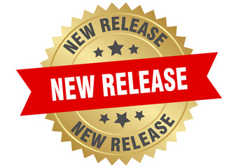 new release. new release round red and gold label isolated on transparent background