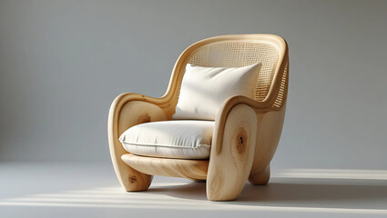 Photorealistic modern armchair with light wood frame and rattan webbing, cream linen cushion, sculptural rounded design—soft diffused studio light, seamless gray background, minimalist organic eleganc