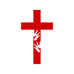 Obraz premium Hand of God shaking the hand of believer, helping and love of Jesus. Christian Cross vector symbol template, Christianity God religion icon