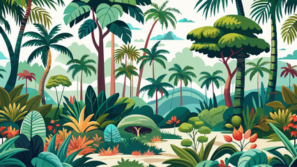 Beautiful seamless itropical forest pattern on white background. Landscape with palm trees,exotic wild and plants