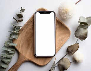 smartphone with blank screen on white background flat lay top view