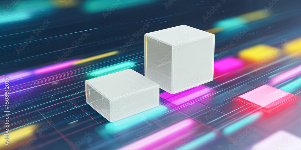 Poster two empty white cubes floating over futuristic glowing grid background