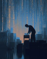 Silhouette of a person interacting with digital data amidst stacked boxes in a futuristic environment