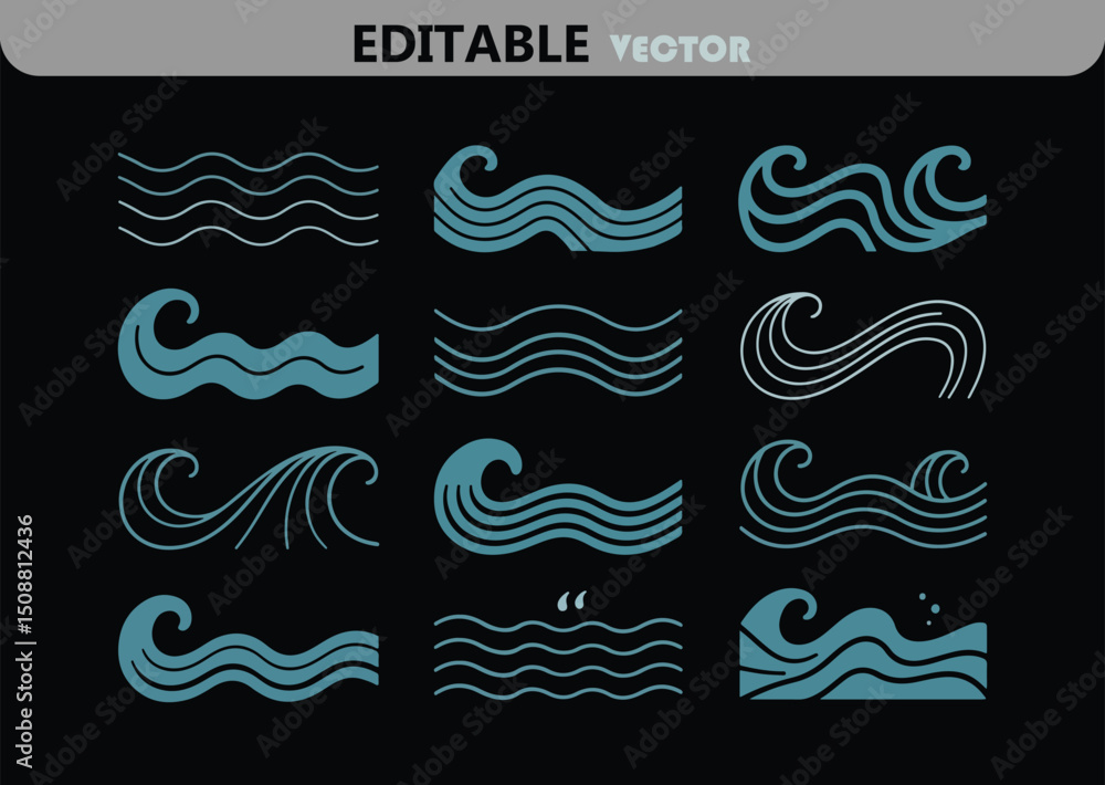 Poster vector illustration of twelve different stylized ocean waves in teal on a black background for graph