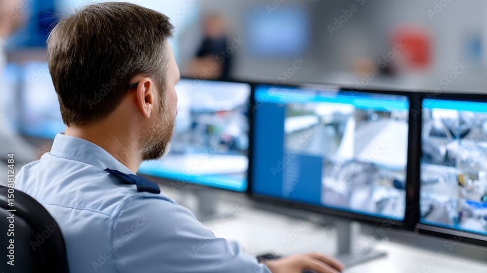 Poster man managing a smart surveillance system in a tech scene.