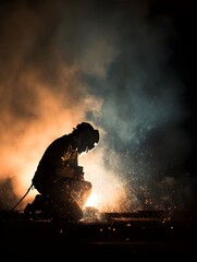 Silhouette of a firefighter kneeling amidst sparks and smoke during a nighttime rescue operation