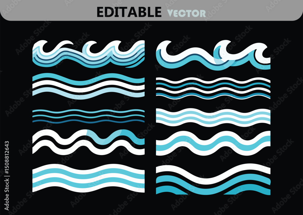 Aufkleber set of vector water wave illustrations in different styles perfect for backgrounds borders or design