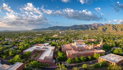 aerial view of university of new mexico albuquerque campus with mountains and spring clouds in the background
