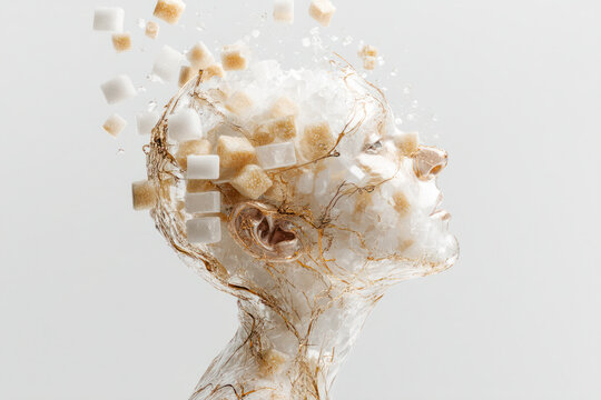 Human figure filled with sugar cube fragments and crystallized veins, representing the internal effects of diabetes and health implications - Powered by Adobe