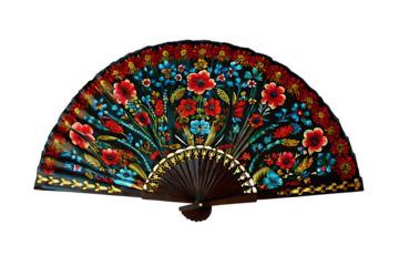 Ornate decorative hand fan with vibrant floral design on a black  isolated on white background PNG 