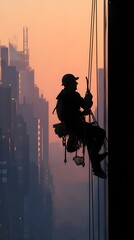 A silhouette of a window cleaner rappelling down a skyscraper at sunset, with city skyline in the background