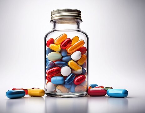 colorful pills in a clear glass bottle on a white background ready for medication use pills bottle on background