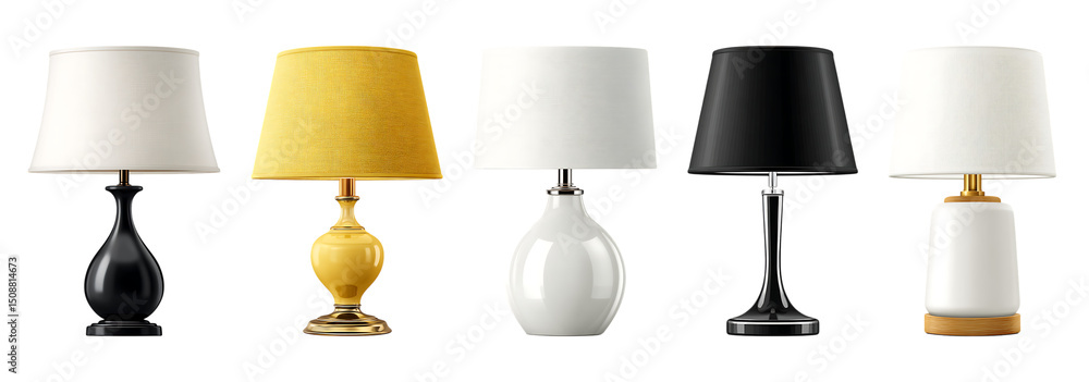 Poster set of five table lamps in various colors and styles.