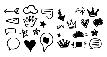 A collection of hand-drawn vector graphics of arrows, stars, clouds, crowns, hearts, and speech bubbles. These design elements can be useful for adding visual flair to a project.