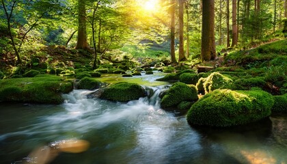 serene forest stream flowing between lush green trees under sunlight peaceful nature scene with smooth water and moss covered rocks relaxation meditation print design nature blog