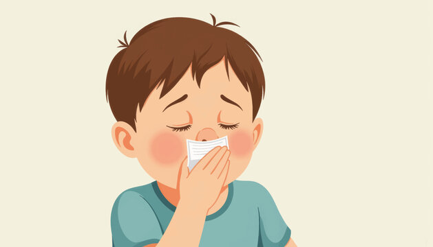 Child sneezing into elbow, health awareness campaign
