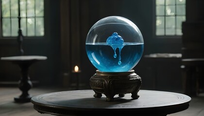 Mystical Blue Liquid in a Glass Orb on Wooden Stand