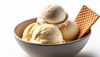 delicious ice cream scoops in a bowl with a wafer on a bright white background ice cream scoops in bowl with wafer on white background