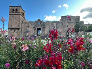 Beautiful red flowers decorating a charming plaza in front of a historic church in the picturesque city of Cusco, Peru. A vibrant blend of nature, colonial architecture, and cultural heritage in the h
