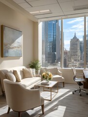 Bright and modern office interior with plush seating, city skyline view, and natural light streaming in