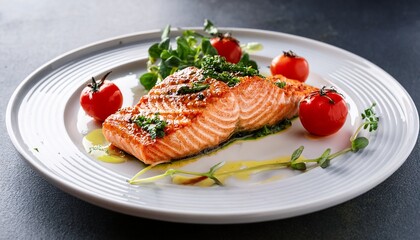 grilled salmon fillet garnished with fresh herbs on white plate with sliced cherry tomatoes and vibrant sauce gourmet cuisine concept food photography recipe book culinary blog