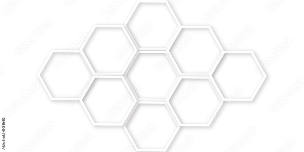 Poster hexagons with subtle gray shadows, white background featuring a pattern of overlapping white outline