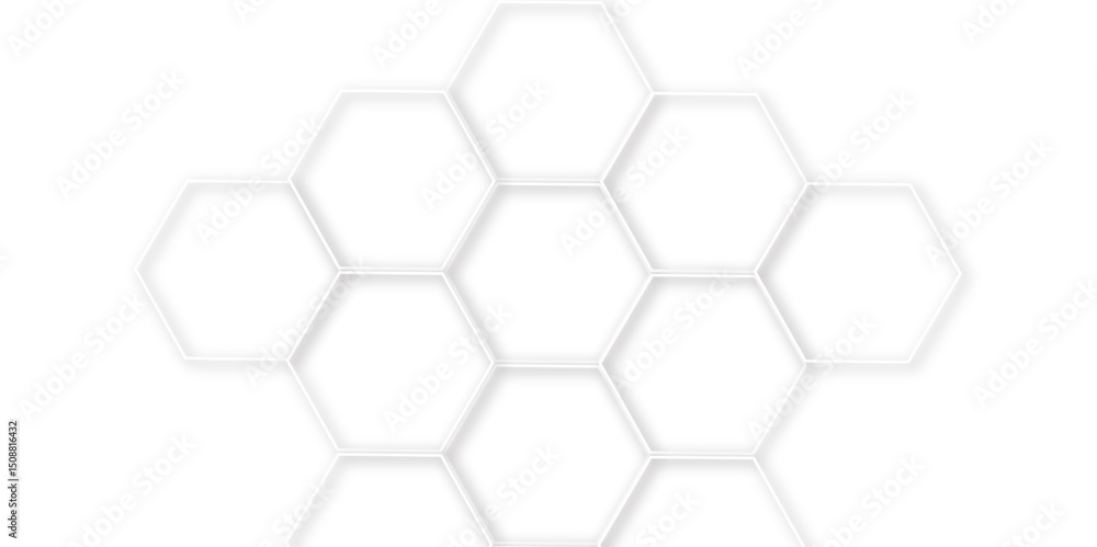 Poster hexagons with subtle gray shadows, white background featuring a pattern of overlapping white outline
