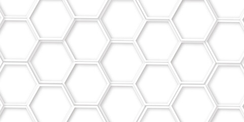 hexagons with subtle gray shadows, White background featuring a pattern of overlapping white outlined hexagons, creating a modern and minimalist design