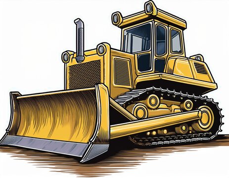 bulldozer dozer tracked vehicle with large front blade graphic design pushing soil construction mining and land clearing design and illustration