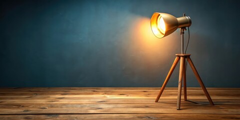 A bright studio lamp stands alone on a wooden table