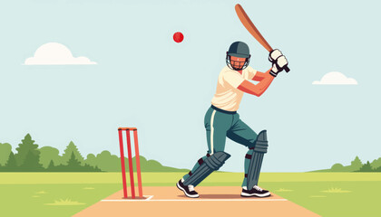 Cricketer swinging bat at pitch, intense game moment