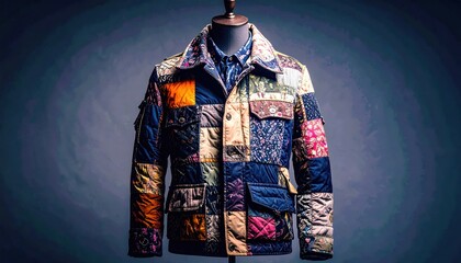 Colorful Patchwork Jacket Displayed on Mannequin Against Dark Background