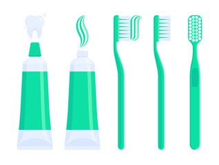 Set of teal toothpaste tubes and toothbrushes with paste on bristles. Dental care, hygiene, oral health, and personal care concept. Flat vector illustration isolated on white background	
