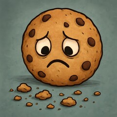 Sad Round Cookie Looking at Crumbs on Plate