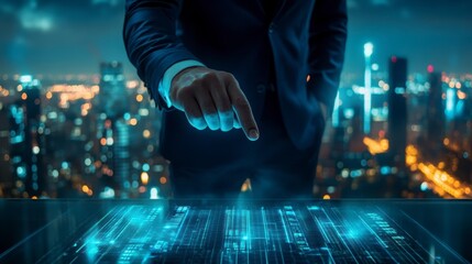 Businessman touching futuristic digital interface with city lights in the background