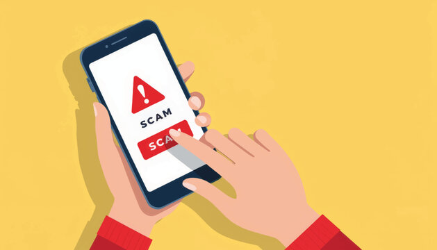 Hands alerting about scam on smartphone, digital awareness
