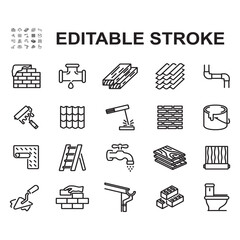 Home renovation icons collection. Thin line style vectors. Contains icons such as wallpapering, repainting, plumbing repair and more.
