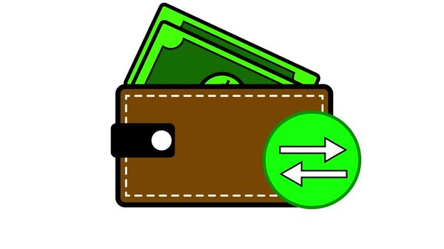 Animation of money and wallet as a concept of fund transfer.
