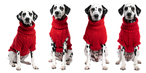 Four Dalmatians in cozy red sweaters, showcasing unique styles and playful expressions.