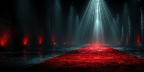 Dramatic red carpet leads to illuminated entry in an ancient dark hall