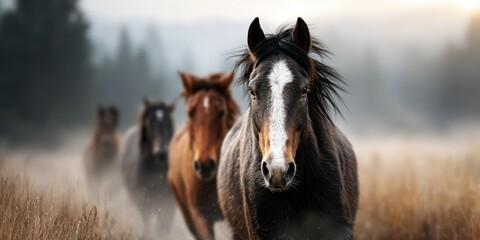 Obraz premium Horses running through a misty field at sunrise showcasing strength and beauty in nature