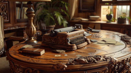 A beautifully carved wooden table adorned with an antique typewriter, scattered notes, and a vintage lamp, creating a nostalgic atmosphere in a luxurious vintage setting.