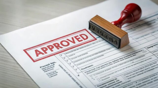 Approved document with a red stamp on a white paper, symbolizing validation or acceptance.