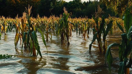 Yellow maize ears covered in mold and mud in a flooded cornfield after heavy rain. Agricultural disaster concept showing crop damage, rural farming loss, climate impact, and harvest deterioration.