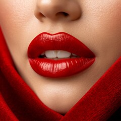 Red lips of a young woman close-up