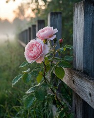 pink roses on a wooden fence