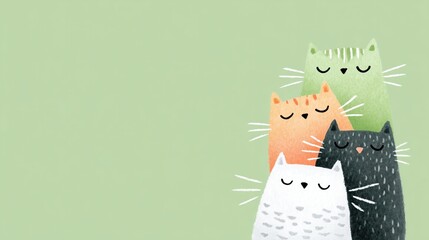 stacked cute cats in pastel japanese style with green background and clean lines