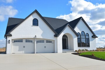A contemporary white brick house features a roomy driveway, surrounded by lush greenery, all set against a backdrop of a partly cloudy sky