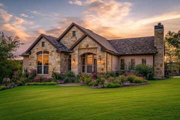 Nestled in a serene neighborhood, this beautiful stone house is enveloped by vibrant gardens, creating a picturesque scene against a breathtaking sunset sky