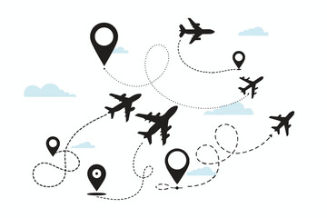 Airplane line path route travel vector concept. vector illustration of an airplane flying away from a location pin